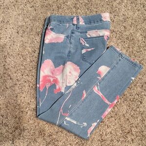 Women's Blue Floral Print Skinny Jeans - Pink Accent